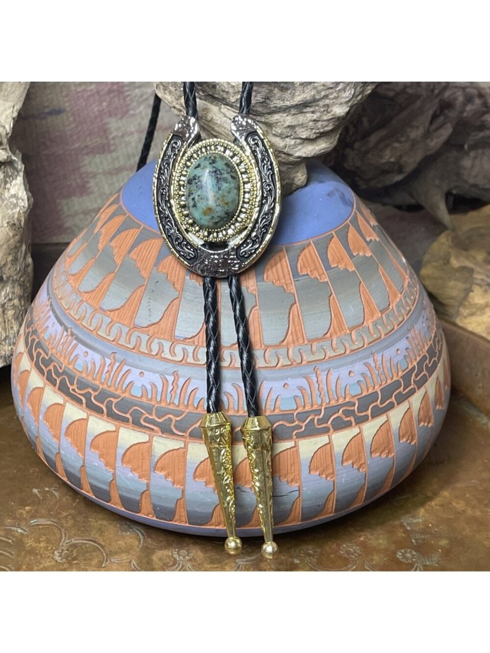 Southwest Tulsa Bolo Tie King African Turquoise FALL SALE Horseshoe Spring
